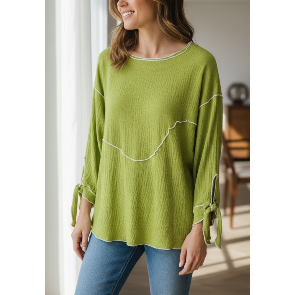IC by Connie K Lime Green Crinkle Blouse Sleeve Cuff Tie XL USA Made Lagonlook